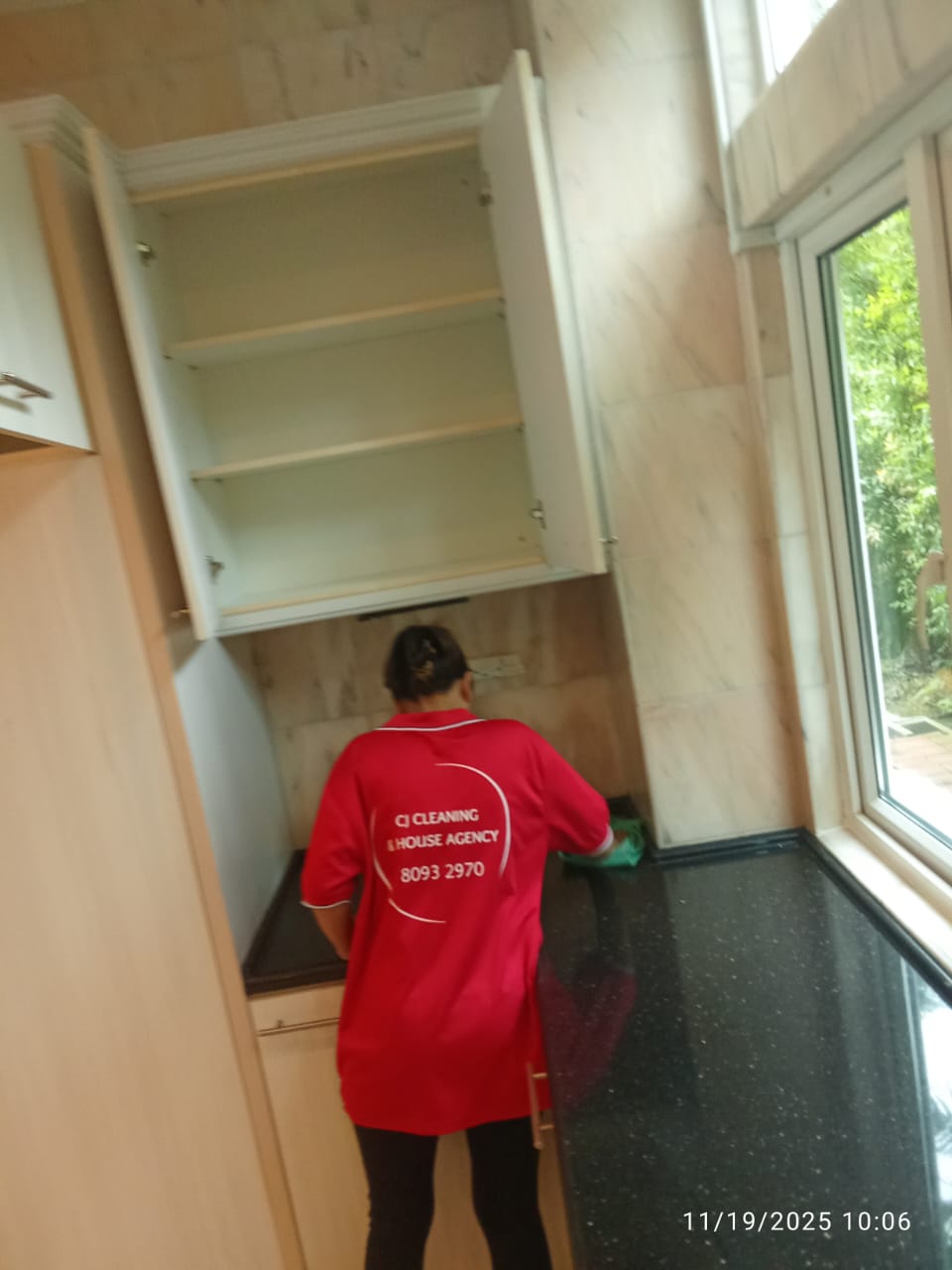 Avalon cleaner performing thorough kitchen cabinet cleaning in Singapore